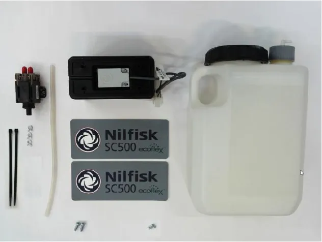Ecoflex kit parts laid out: detergent tank, pump, cap, hose, level sensor, cable ties, Nilfisk SC500 ecoflex labels and hardware