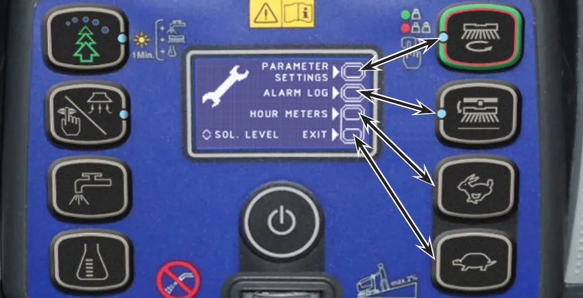 Photo of the control panel with the main screen showing PARAMETER SETTINGS, ALARM LOG, HOUR METERS, SOL. LEVEL and EXIT, with arrows from each entry to the One-Touch, brush release, hare and tortoise buttons on the right