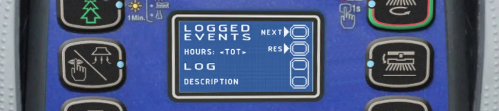 Alarms log screen showing LOGGED EVENTS, HOURS: <TOT>, LOG, DESCRIPTION, with NEXT and RES labels beside the right-hand buttons