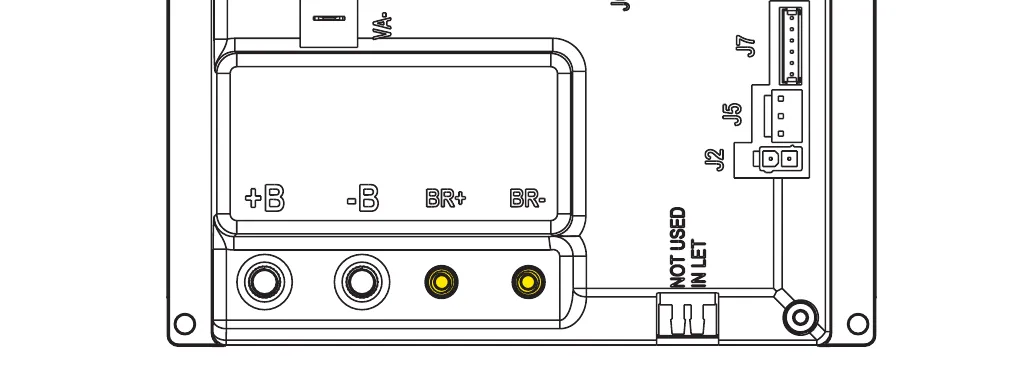 Lower part of the Main machine controller showing the BR+ and BR- terminals highlighted in yellow, the +B and -B terminals, connectors J2, J5 and J7 and the marking NOT USED IN LET