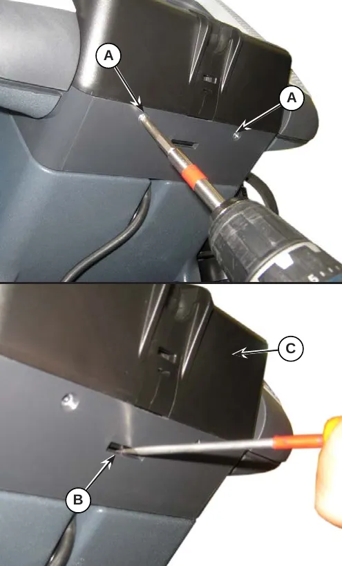 Two photos: a drill removing the two screws A from the control panel housing, and a screwdriver releasing retaining tab B so cover C can be lifted off