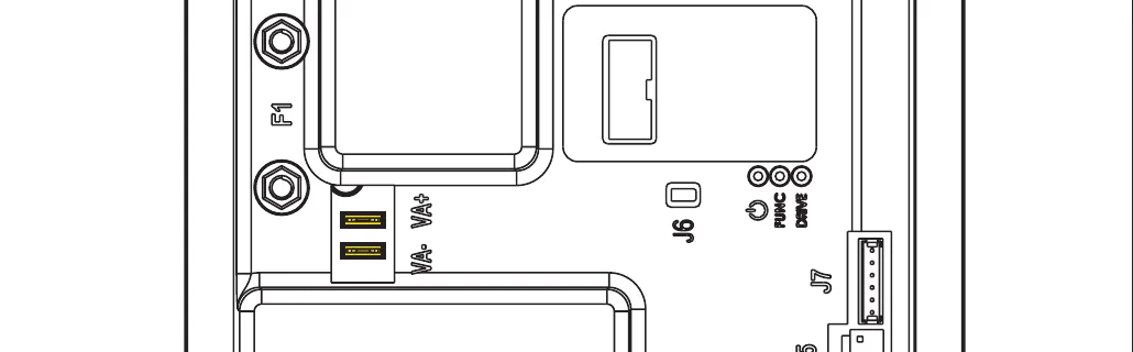 Main machine controller (EB1) board with the VA+ and VA- vacuum motor terminals marked