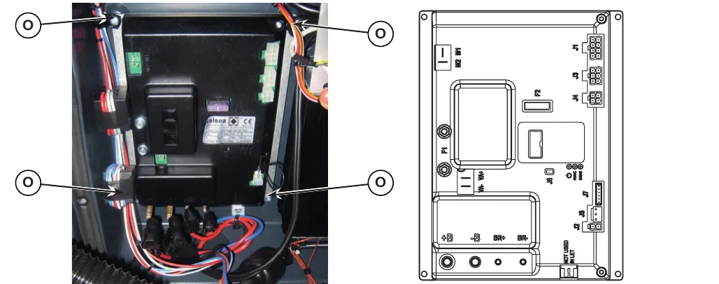 Left: photo of the electronic component compartment with the four retaining screws marked O; right: drawing of the Main machine controller