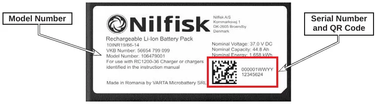 Example photo of the Nilfisk rechargeable Li-ion battery pack label with the model number and the serial number and QR code marked; values on the photo are for illustration