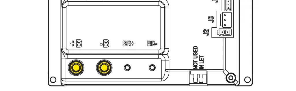 Lower part of the main machine controller board with the +B and -B battery terminals highlighted in yellow; BR+, BR-, J2, J5 and the not-used inlet are labeled