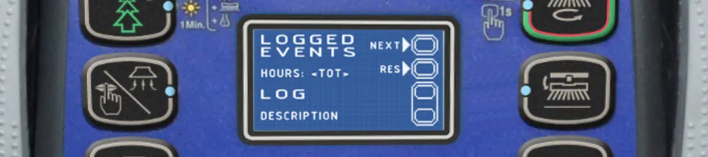Photo of the alarms log screen showing LOGGED EVENTS, HOURS: TOT, LOG and DESCRIPTION, with NEXT and RES labels