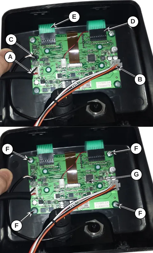 Two photos of the display controller board inside the housing: upper photo marks connections A to E; lower photo marks the four screws (F) and the display controller (G)