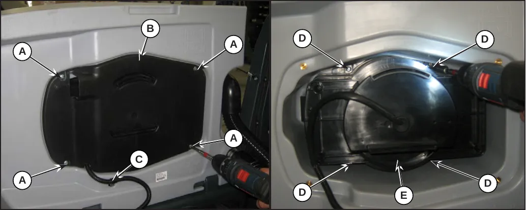 Two photos: the case (B) held by 4 screws (A) with the wiring screw (C), and the vacuum motor unit (E) held by 4 screws (D)