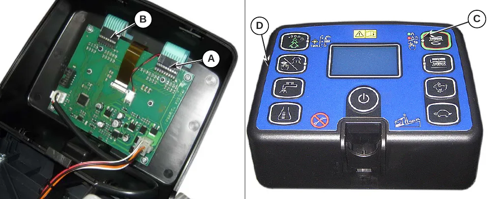 Two photos: the open Display controller board with callouts A and B on the flat connections, and the User interface controller on its cover with callouts C on the controller and D on the cover