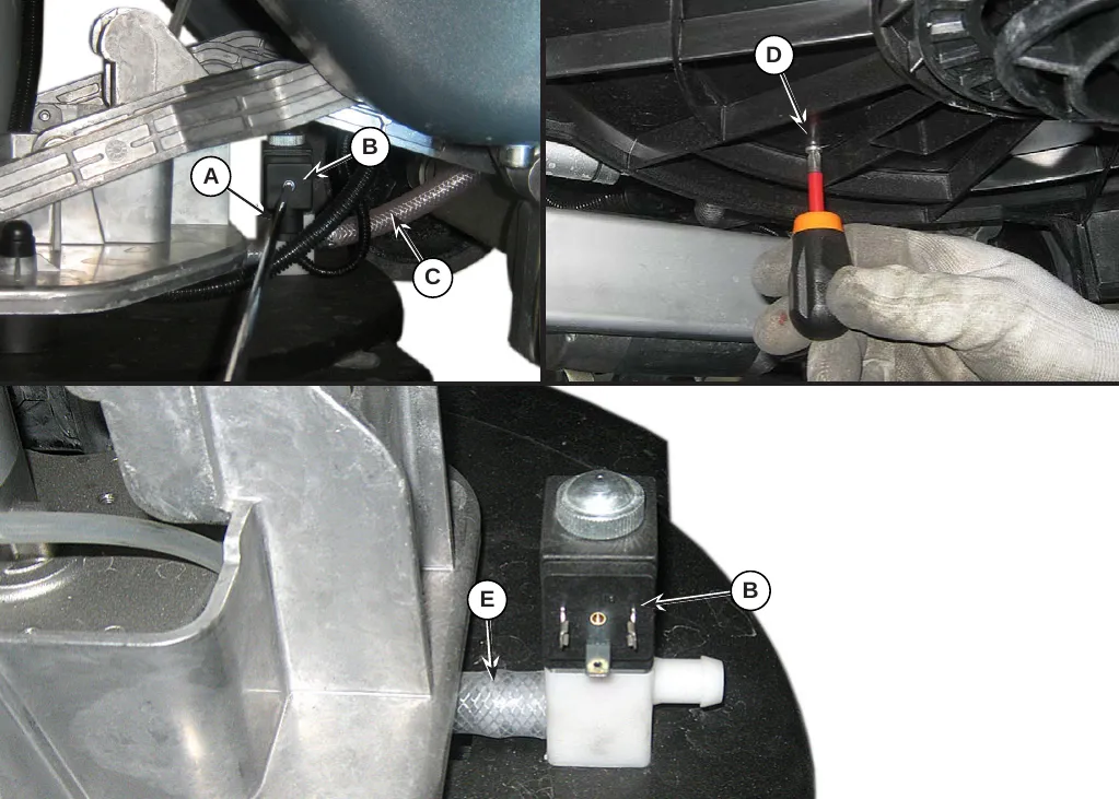 Three photos: the solenoid valve under the machine with the connection A, the valve B and the detergent supply hose C; a screwdriver at screw D; and a close-up of the valve B with the hose E