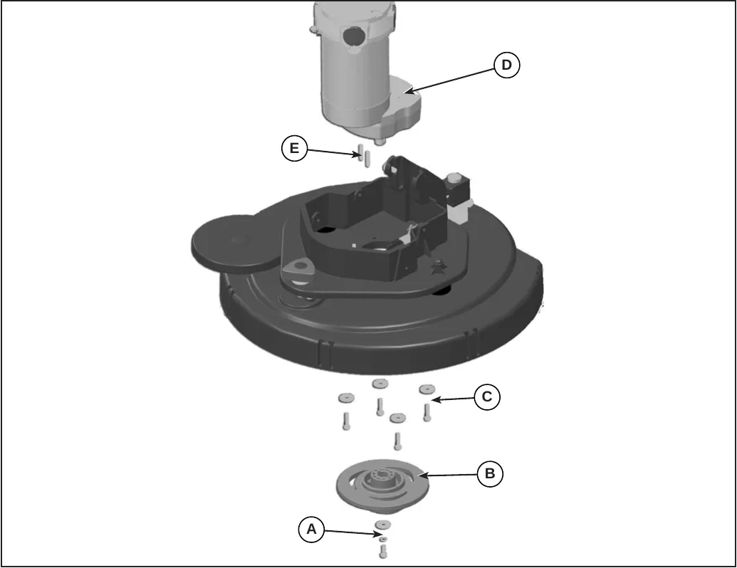 Exploded drawing of the disc deck: brush motor D, key E, screws C, brush hub B and screw A.