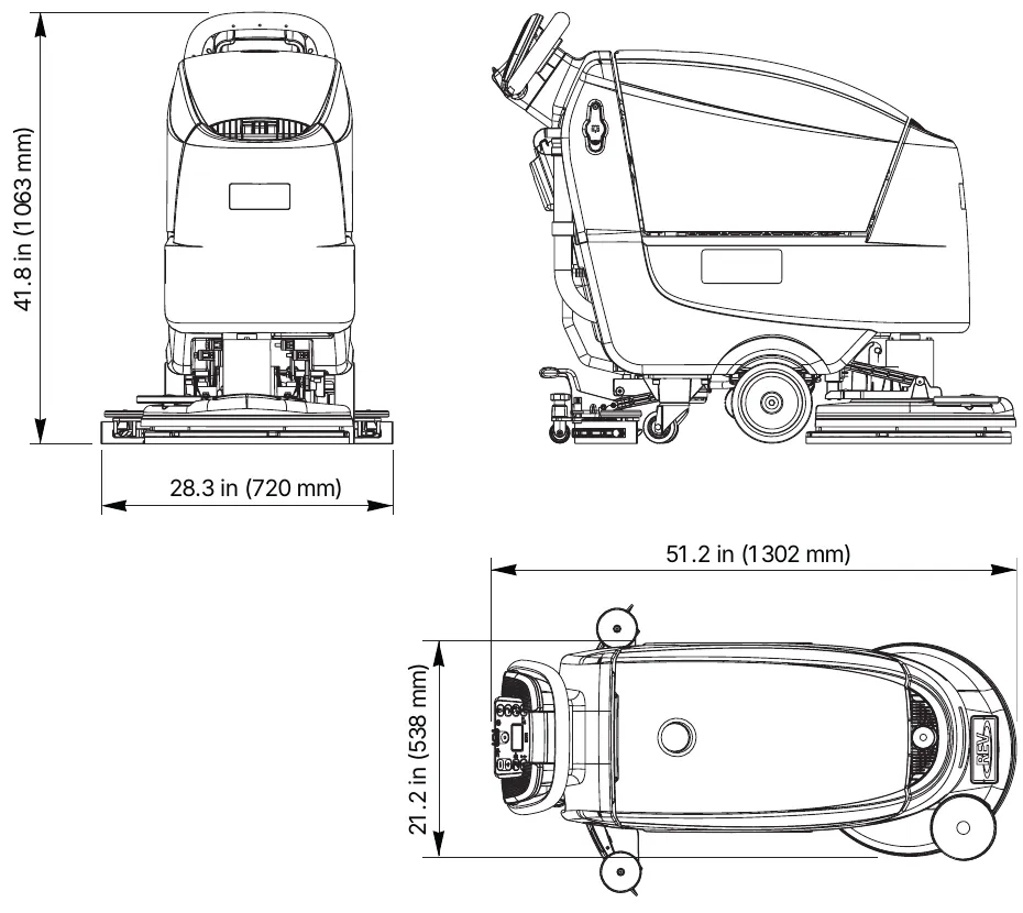 Dimension drawing of the SC500 REV with front, side and top views: height 41.8 in (1063 mm), width 28.3 in (720 mm), length 51.2 in (1302 mm), width across the top view 21.2 in (538 mm)
