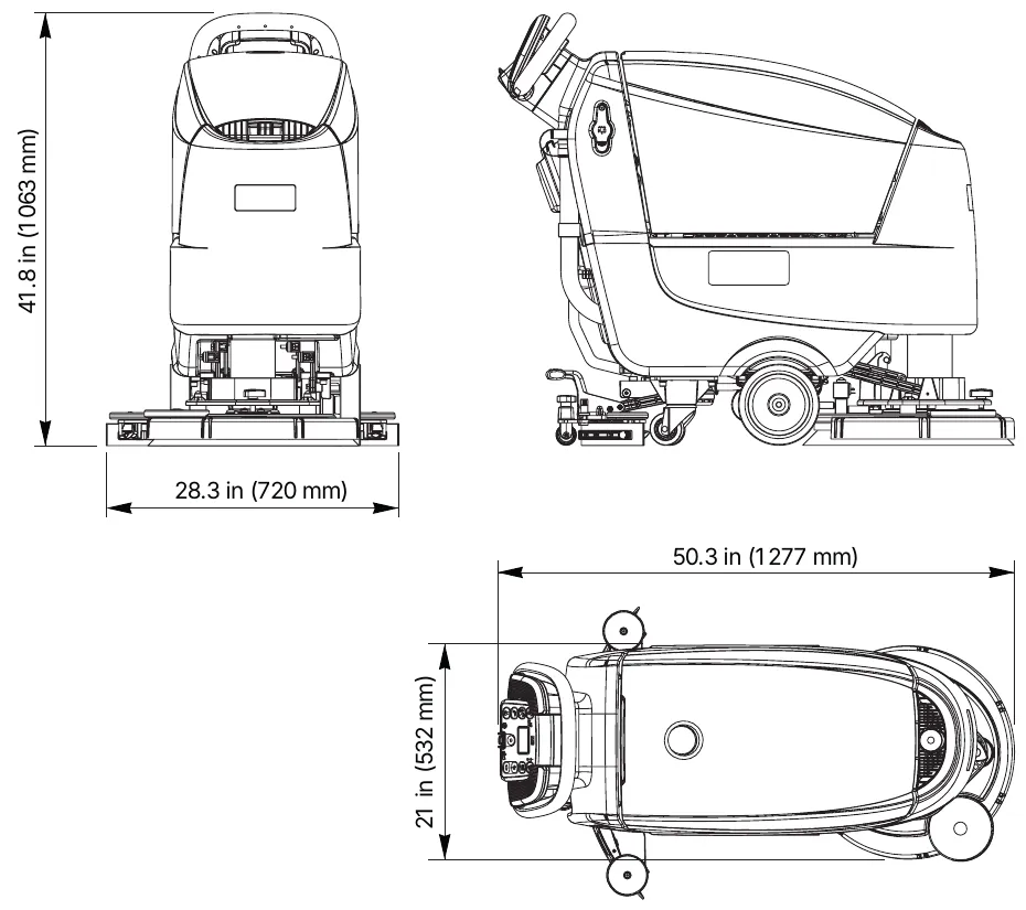 Dimension drawing of the SC500 Disc with front, side and top views: height 41.8 in (1063 mm), width 28.3 in (720 mm), length 50.3 in (1277 mm), width across the top view 21 in (532 mm)