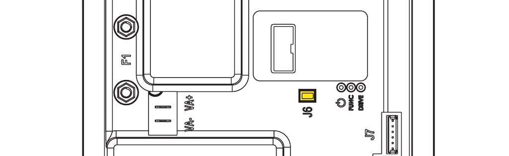 Part of the main machine controller board with the J6 two-way jumper highlighted in yellow; F1, J7, VA+ and VA- are labeled