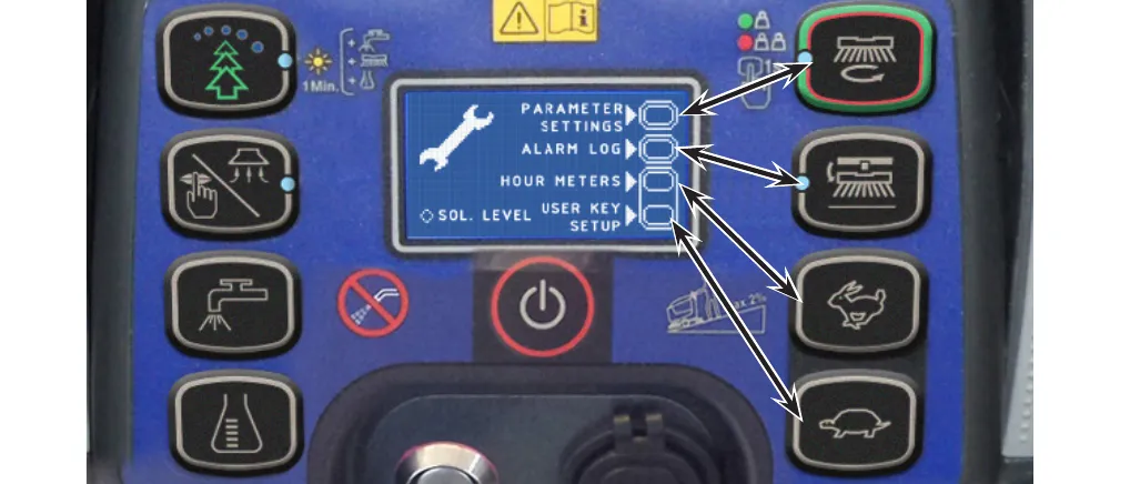 Main screen of the display showing four menu choices on the left side of the screen (PARAMETER SETTINGS, ALARM LOG, HOUR METERS, USER KEY SETUP, plus SOL. LEVEL at the lower left), each with an arrow to one of the four right-hand buttons