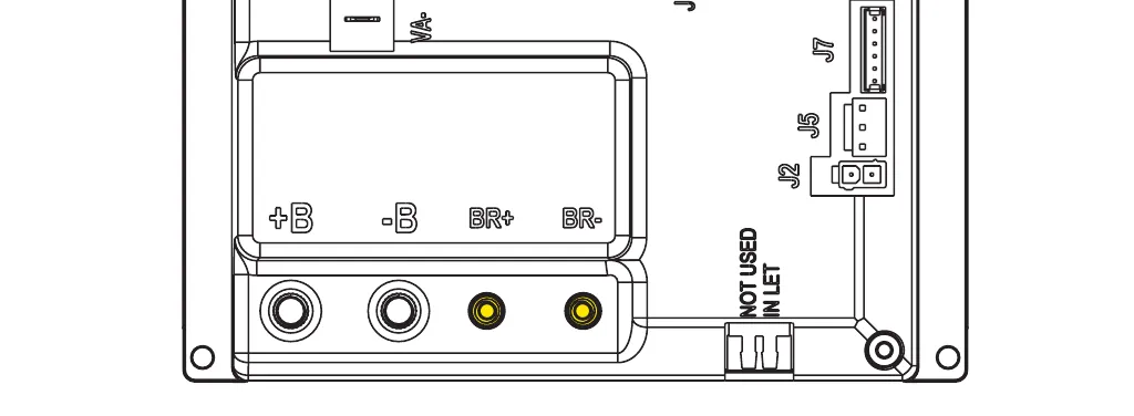 Drawing of the lower part of the Main machine controller showing the +B, -B, BR+ and BR- terminals, with the BR+ and BR- brush motor terminals highlighted