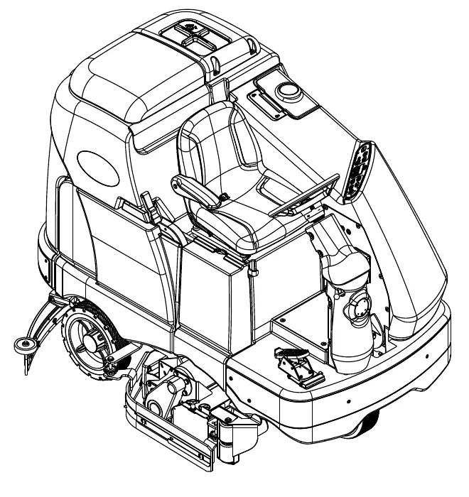 Drawing of the Advance SC6500 ride-on floor scrubber seen from the front left, showing the operator seat, steering wheel, recovery tank and scrub deck