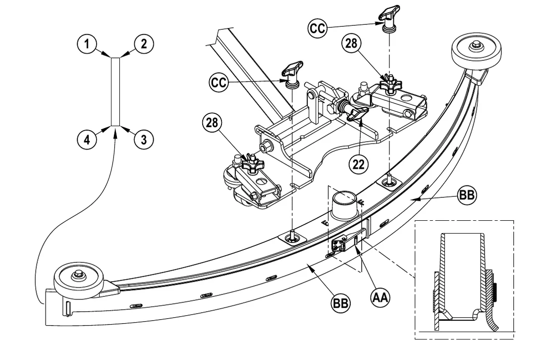 Squeegee tool and mount: Center Latch (AA), Tension Straps (BB), Thumb Nuts (CC), Height Adjust Knobs (28) and Tilt Adjust Knob (22); at left a blade cross section with its 4 working edges numbered 1 to 2 above and 4 to 3 below; at right a cross section of the blade against the floor