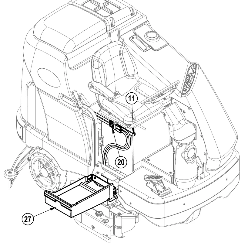 Machine with the seat area and side access panel open: Battery Disconnect (11), Battery Connector (20) and the pulled-out side access panel (27)