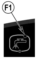 Close-up of the solution switch on the control panel with callout F1 pointing to its indicator light