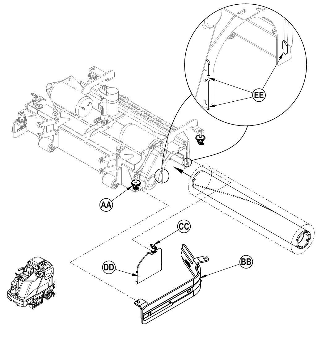 Exploded drawing of the cylindrical scrub deck with a brush sliding into the housing, an enlarged circle showing the notches (EE), and callouts AA (knobs), BB (skirt assembly), CC (black knob) and DD (idler assembly)