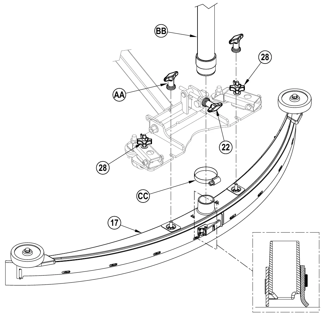 Exploded drawing of the squeegee assembly (17) below its mount bracket, with the recovery hose (BB) above, hose clamp (CC), mount thumb nuts (AA), tilt knob (22), height knobs (28), and an inset cross section of the hose inlet