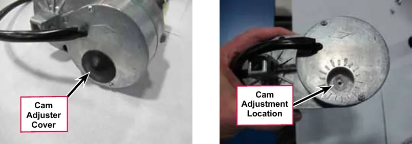 Two photos of the actuator motor end: the Cam Adjuster Cover, and the Cam Adjustment Location with the cover removed.
