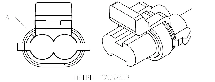 Two-pin Delphi 12052613 connector, end view with pin A marked and an angled view