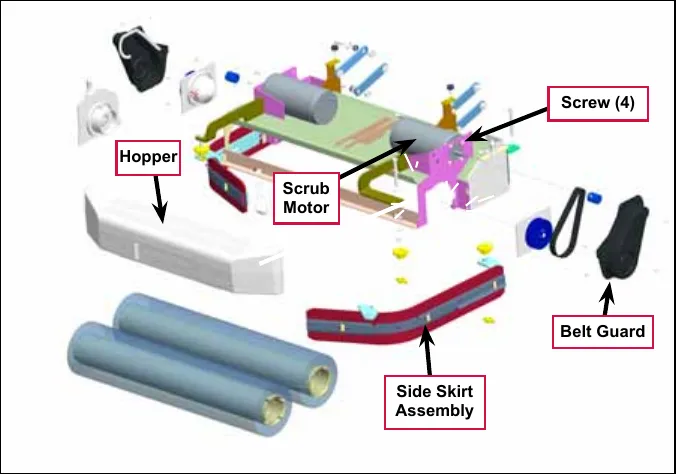 Exploded drawing of the cylindrical scrub deck showing the Hopper, Scrub Motor, Screw (4), Belt Guard and Side Skirt Assembly.