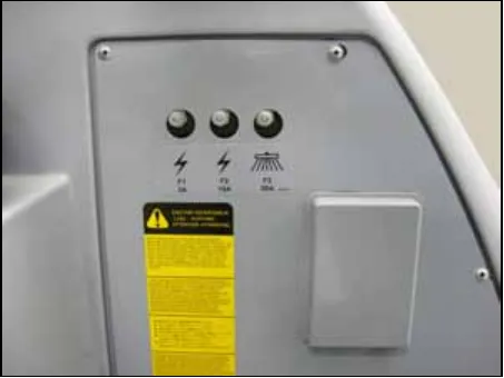 Photo of the circuit breaker panel to the left of the operator seat, showing three breaker buttons labeled F1, F2 and F3