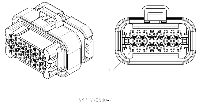 Two views of the 23-pin AMP connector for J2 with pin 1 marked