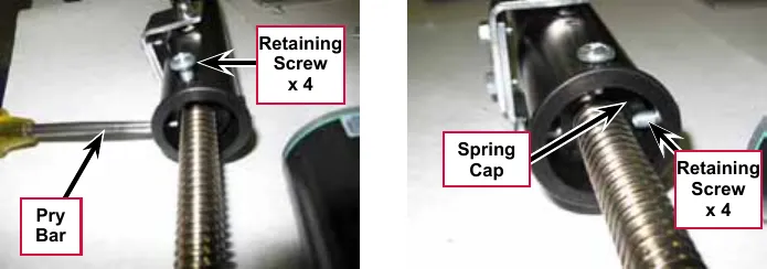 Two photos of the spring housing: a pry bar through the retaining screw holes with the four retaining screws labeled, and the spring cap and four retaining screws labeled