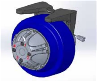Drawing of the installed wheel with the 4 hub center fasteners numbered 1 through 4 in tightening order