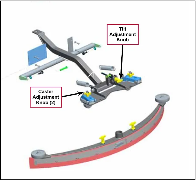 Squeegee tool and mount with the Tilt Adjustment Knob and the two Caster Adjustment Knobs labeled