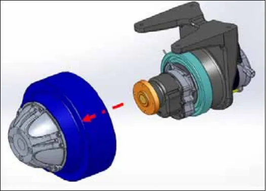 Exploded drawing showing the blue tire and wheel assembly sliding off the gearbox hub and support bearing of the drive motor