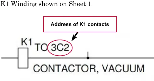 Wiring diagram detail: the K1 winding labeled “TO 3C2”, with 3C2 circled as the address of the K1 contacts