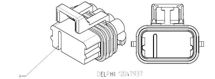 Eight-pin Delphi 12047937 connector, angled view and end view with pin A marked