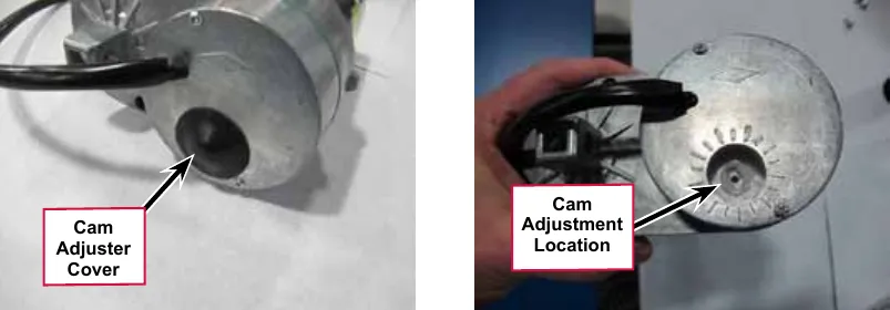 Two photos of the end of the actuator motor housing: the left labeled Cam Adjuster Cover (the rubber cover in place) and the right labeled Cam Adjustment Location (cover removed)