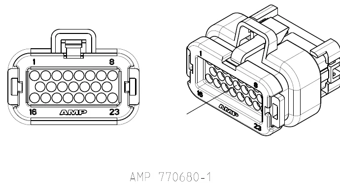 Two views of the 23-pin AMP connector with pins numbered 1 to 8 across the top row and 16 to 23 across the bottom row