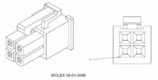 Two views of the four-pin Molex connector for J3 with pin 1 marked