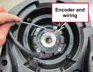 Encoder mounted on the gearbox case, labeled Encoder and wiring