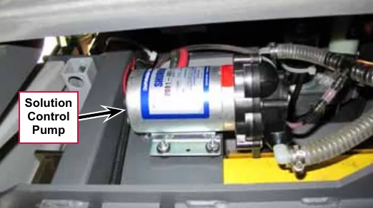 Photo of the solution control pump mounted under the machine with a callout and arrow labeled Solution Control Pump