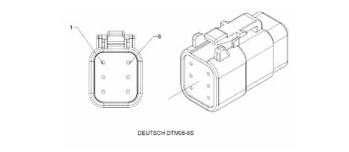 Six-pin Deutsch DTM06-6S connector, end view with pins 1 and 6 marked and an angled view