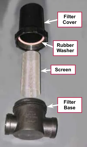 Photo of the solution filter taken apart with callouts for the Filter Cover, Rubber Washer, Screen and Filter Base