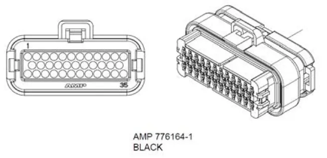 Two views of the 35-pin black AMP connector for X6 with pin 1 and pin 35 marked