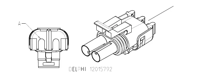 Two-pin Delphi connector 12015792: an end view with pin A marked and a side view
