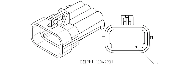 Eight-pin Delphi 12047931 connector, angled view and end view with pin A marked