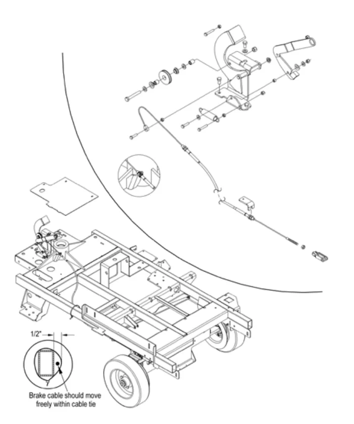 Exploded drawing of the brake pedal bracket, pulley and brake cable above the chassis, with the cable routed to the left rear brake; inset shows the cable in its tie strap with 1/2 in clearance (brake cable should move freely within cable tie)