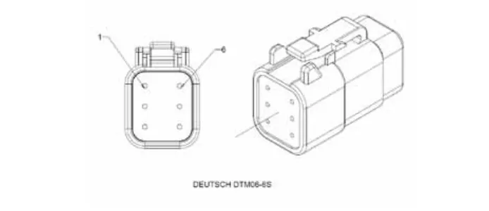 Six-pin Deutsch DTM06-6S connector, end view with pins 1 and 6 marked and an angled view