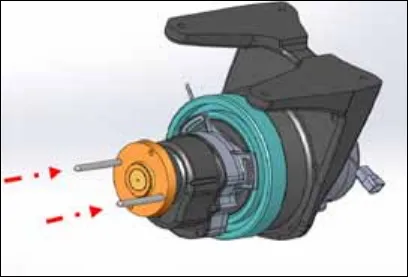 Drawing of the drive motor and gearbox hub flange with two alignment pins threaded in and red arrows pointing at them